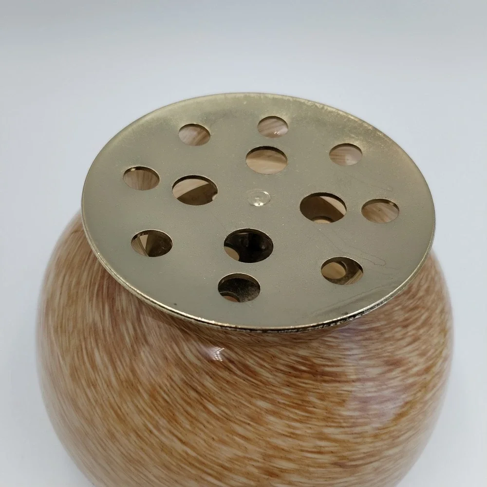 Anthropologie‎ Swirl Glass Rose Bowl Vase Cream Tan Flower Frog Insert Gold Tone